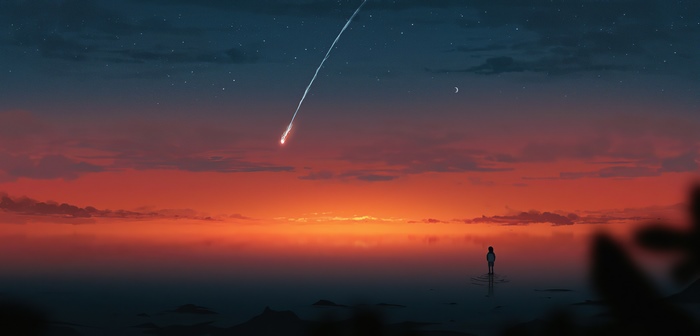 Anime artwork of a person watching a meteor shower at sunset