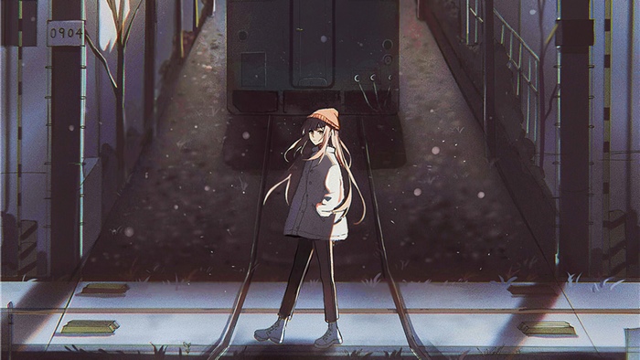 Anime girl standing on train tracks at night
