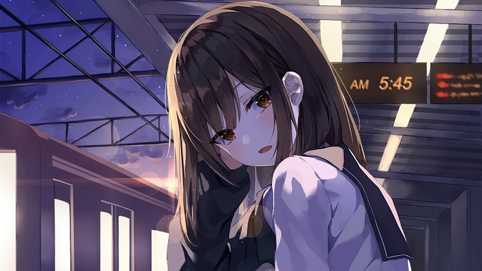 Anime girl at a train station at 5:45 AM