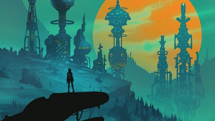Sci-fi city with a lone figure on a cliff