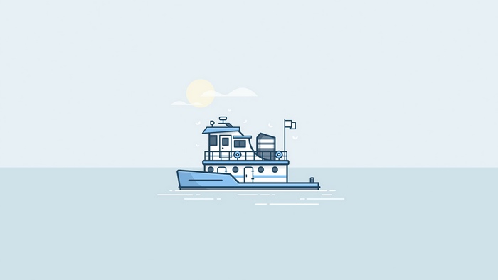 Minimalist illustration of a blue and white tugboat on the water