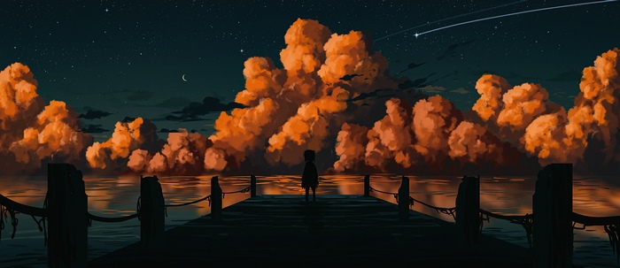 Silhouette of a person on a dock watching clouds