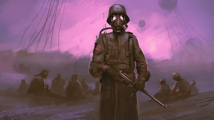 Soldier with gas mask and rifle in a desolate landscape