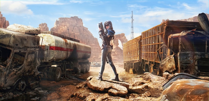 Artwork of a woman with a gun in a desert wasteland