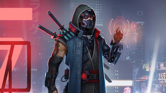 Sci-fi character with swords in a futuristic city