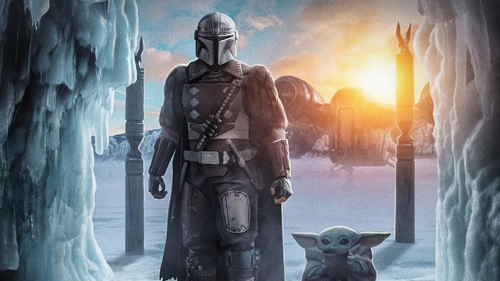 The Mandalorian and Grogu on an icy planet