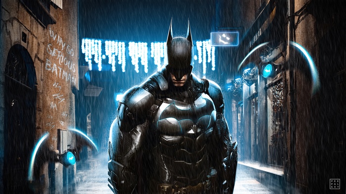 Batman in a rainy alleyway with neon lights