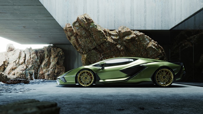 Green Lamborghini Sian parked near rocks