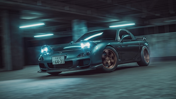 Mazda RX7 in a parking garage