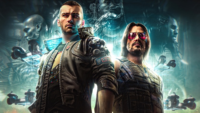 Cyberpunk 2077 characters with futuristic background