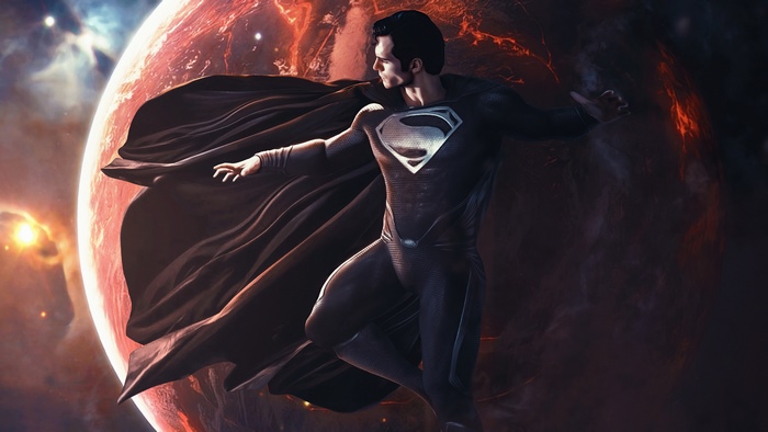 Superman from DC Comics in black suit with cape