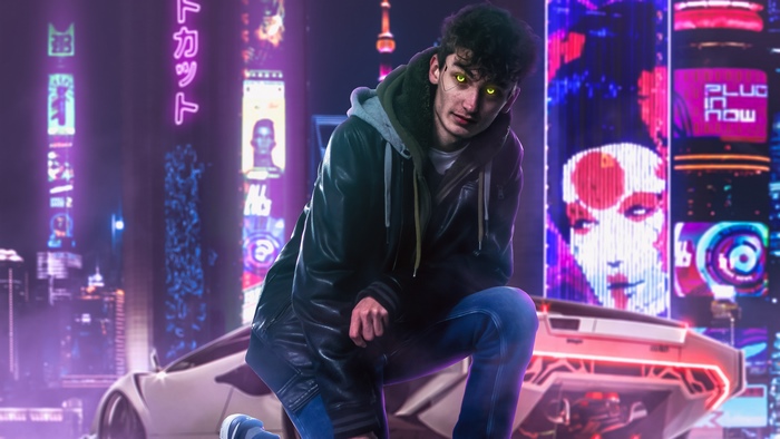 Cyberpunk man with glowing eyes in a futuristic city