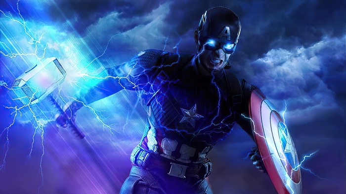 Captain America wielding Mjolnir with lightning