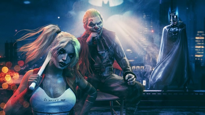 Harley Quinn and Joker with Batman in Gotham City 4K