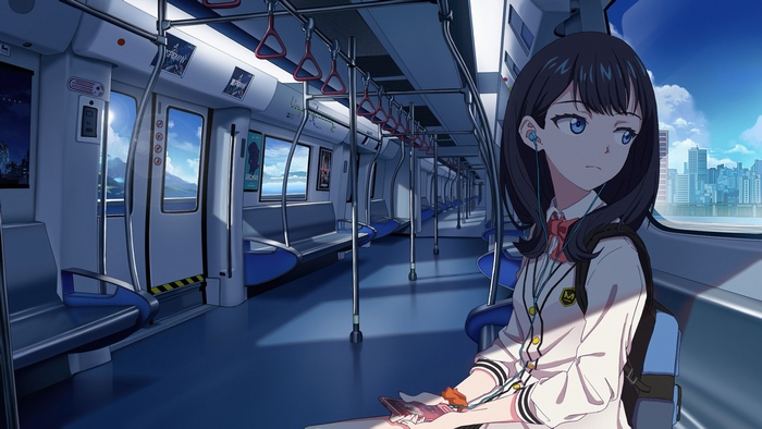 Anime girl on a train with city view
