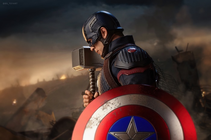 Captain America with Mjolnir and Shield