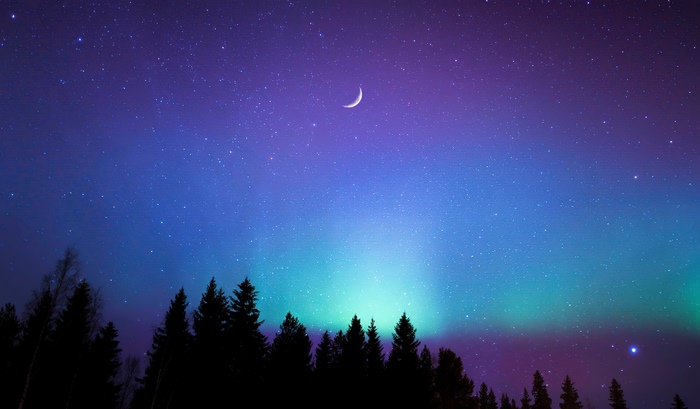 Night sky with aurora and crescent moon