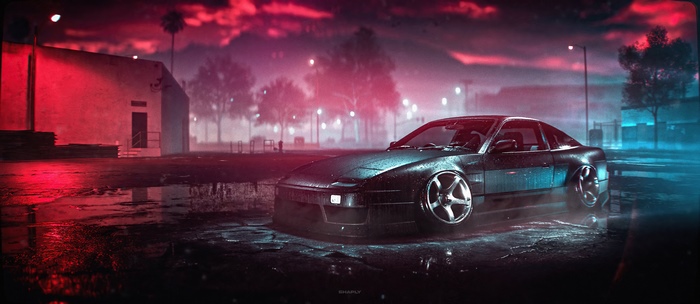 Nissan Silvia S13 in a rainy neon-lit city