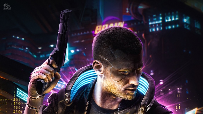 Man holding a gun in a cyberpunk city