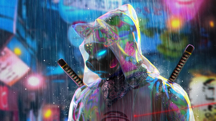 Cyberpunk warrior with swords in the rain