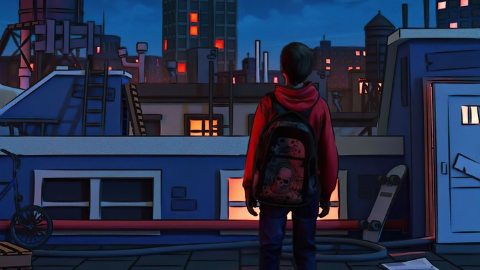 Boy with Skull Backpack on Rooftop at Night