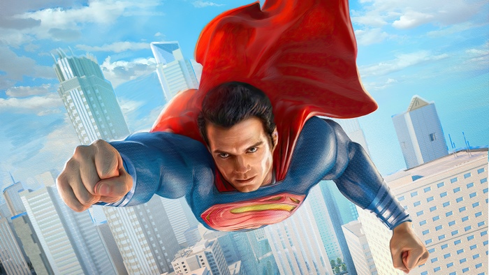 Superman flying over a city