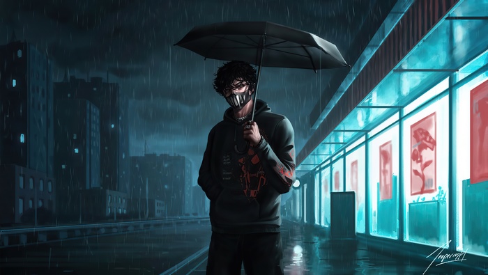 Man with umbrella in the rain at night