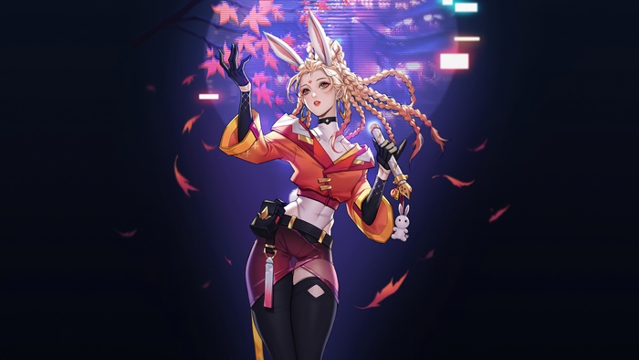 Anime girl with bunny ears holding a microphone