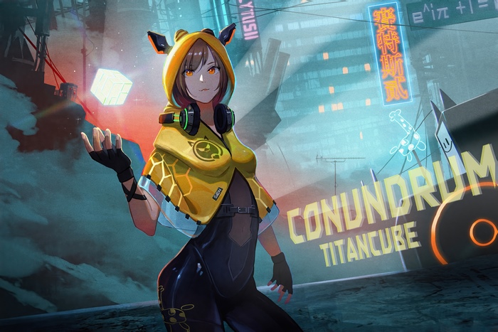 Girl with yellow hoodie and headphones in sci-fi city