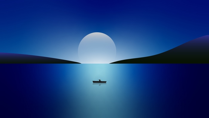 Minimalist boat on a lake with a large moon