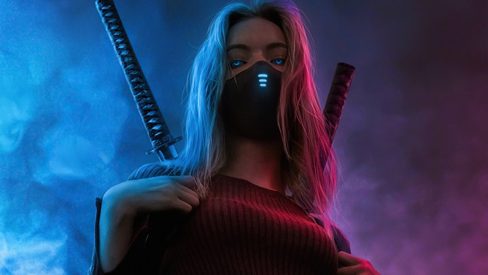 Woman with swords and neon mask