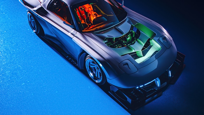 Sci-fi car with exposed engine and neon lights