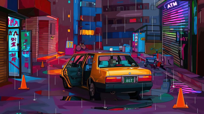 Cyberpunk city street at night with yellow taxi