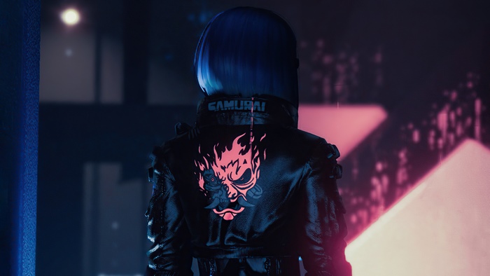 Samurai jacket with flaming mask from Cyberpunk 2077 4K