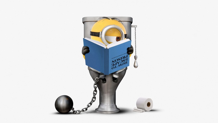 Minion reading 'How to Escape Prison' on a toilet