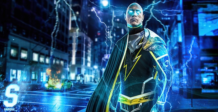 Black Adam in a city with lightning
