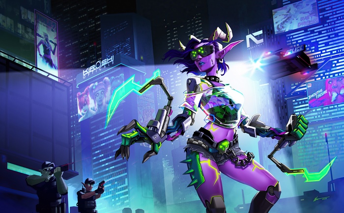 Cyberpunk 2077 character with robotic arms in a neon city