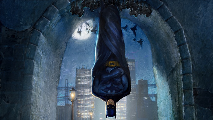 Batman hanging upside down in a stone archway with bats
