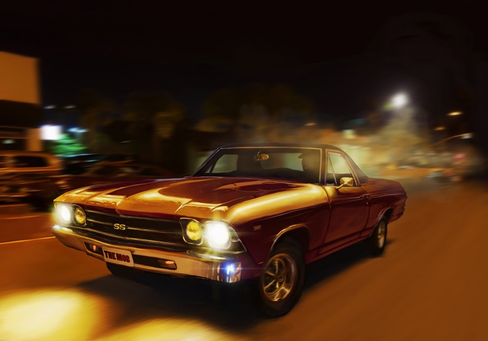 Digital art of a classic red SS El Camino driving at night