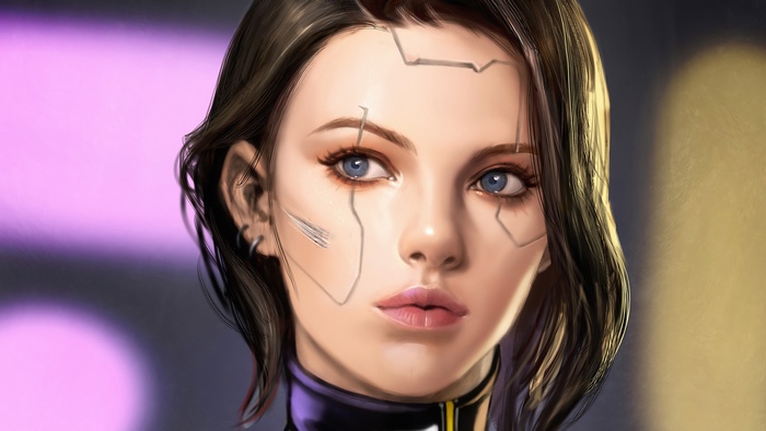 Cyberpunk cyborg woman with blue eyes and brown hair