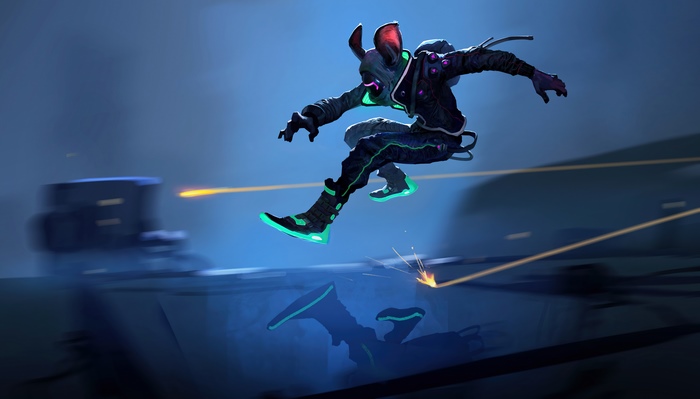 Cyberpunk character with bunny ears jumping