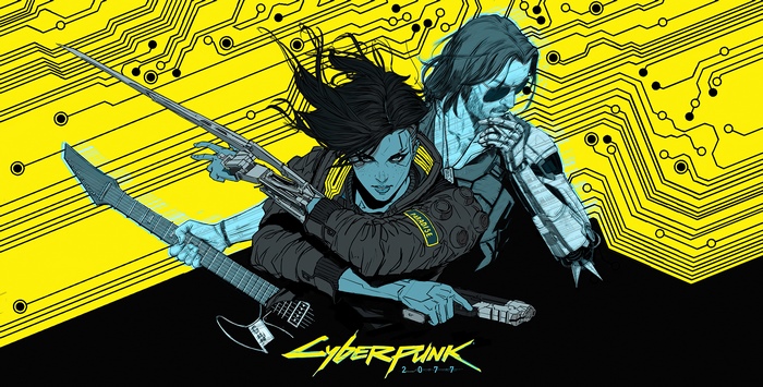 Cyberpunk 2077 characters with guitar and circuit board background