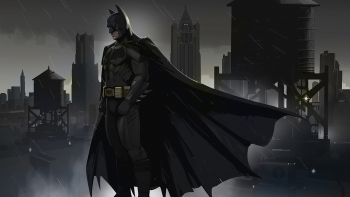 Batman in a rainy city skyline, digital art