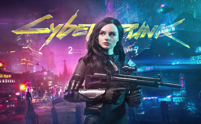 Cyberpunk 2077 cosplay of a woman with a gun