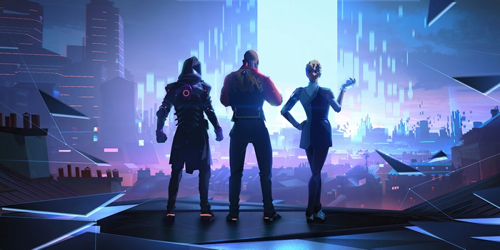 Three characters in a futuristic city
