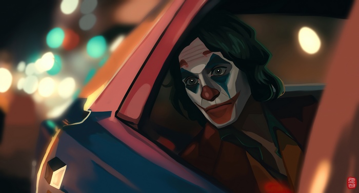 Joker in a car at night