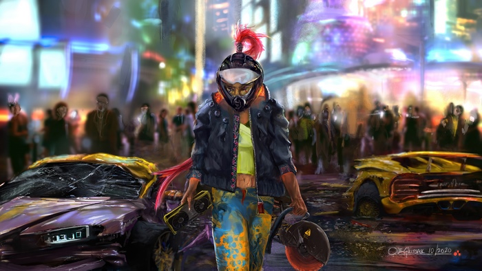 Cyberpunk 2077 character with cars in neon city