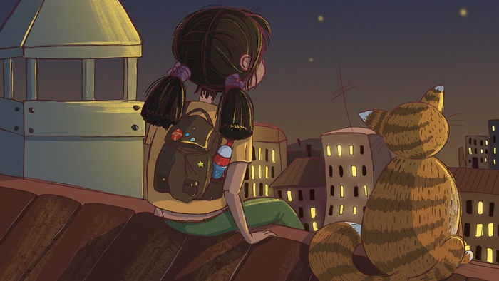 Girl and cat on a rooftop at night