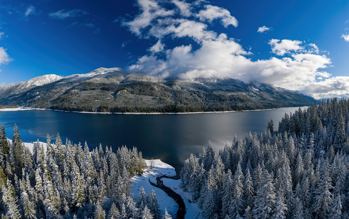 Snow-covered mountains and lake with pine forest