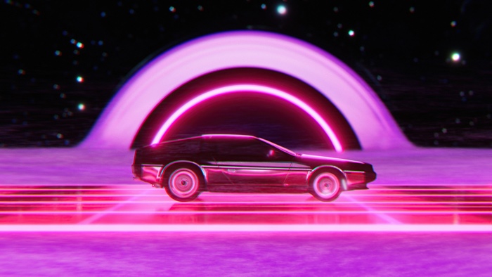 Retro car on a neon grid with a cosmic portal